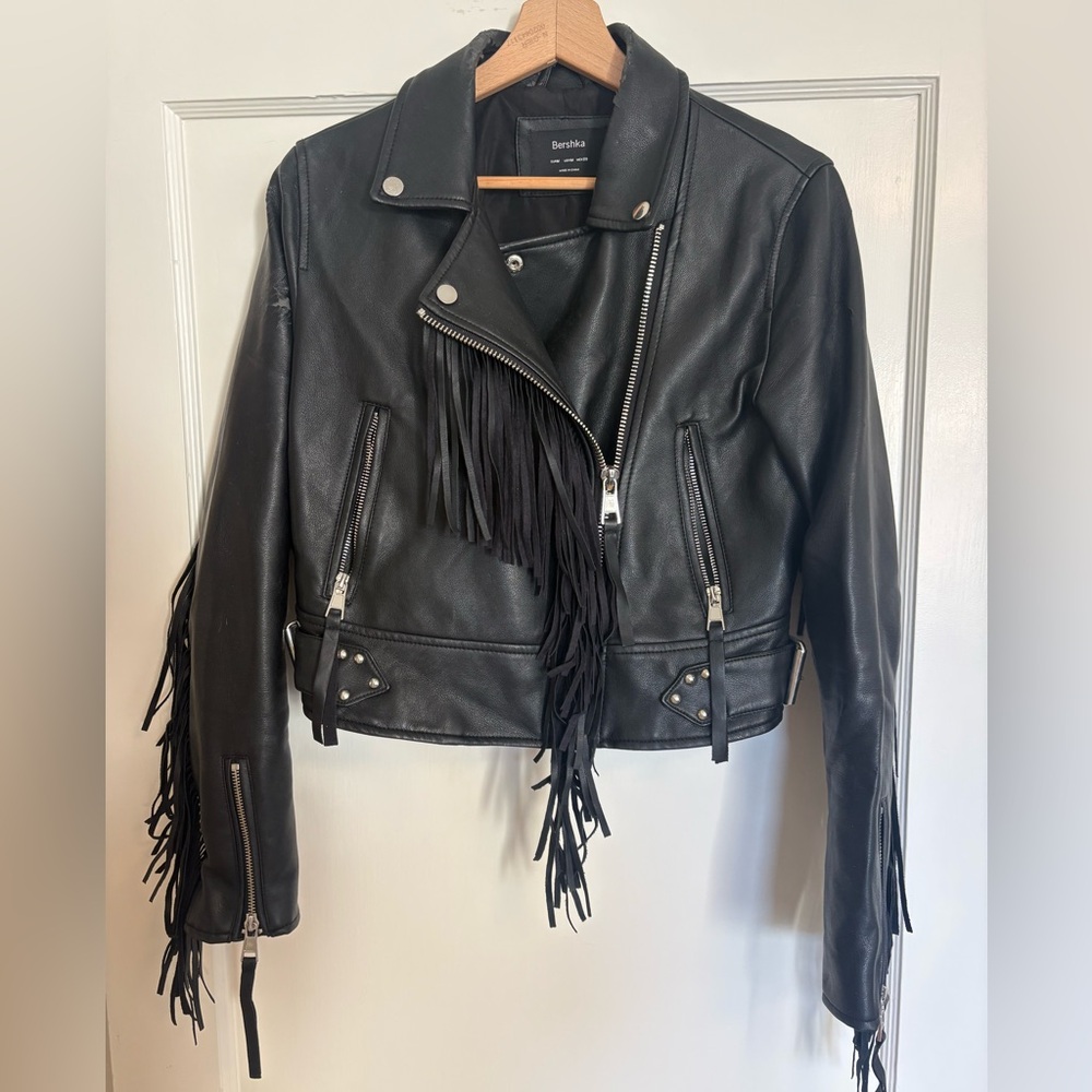 Bershka Black Faux Leather Fringe Jacket